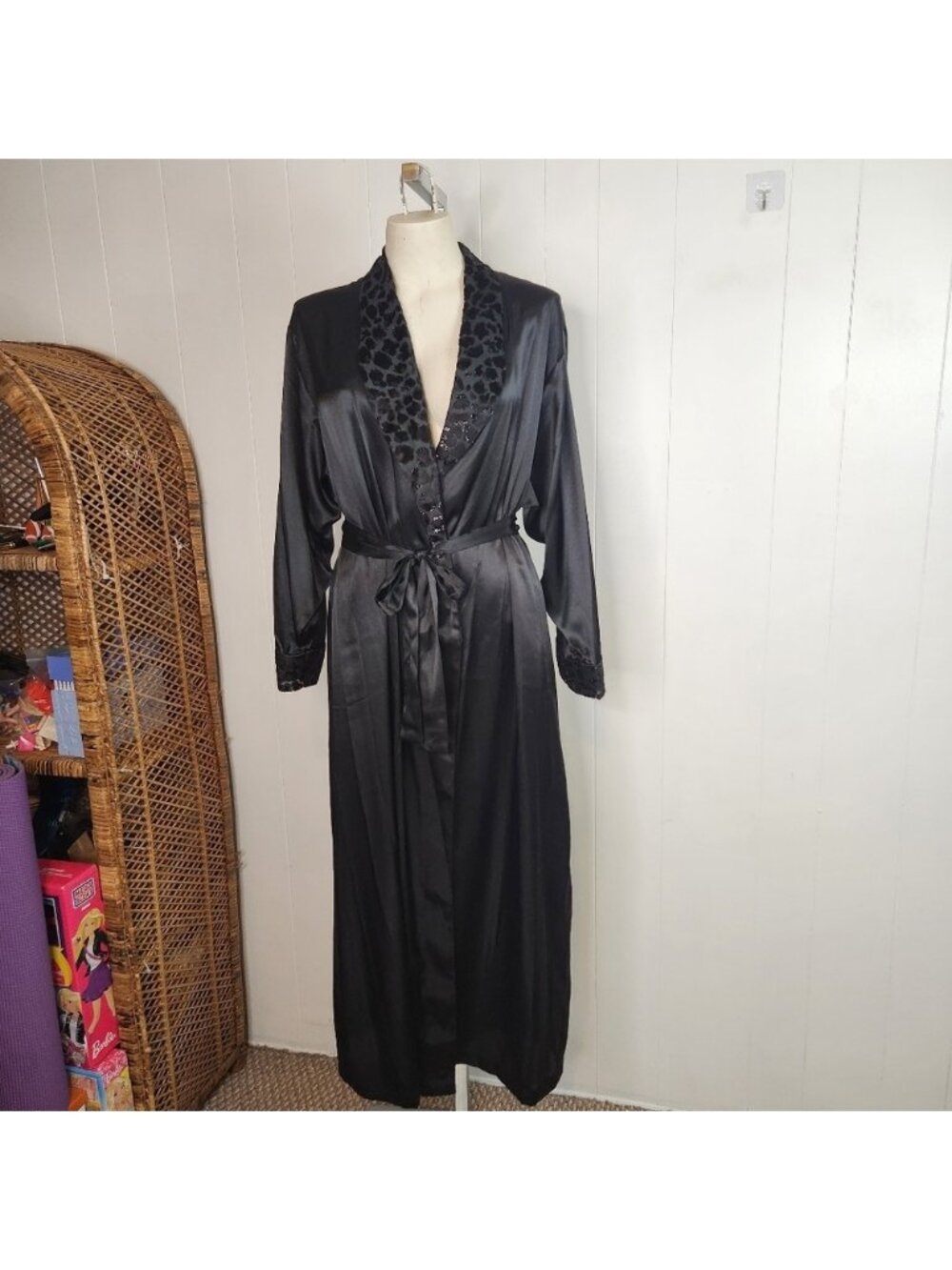 Vintage Black Satin Leopard Lace Edge Robe Boudoir Sexy Lingerie Pin-Up Large